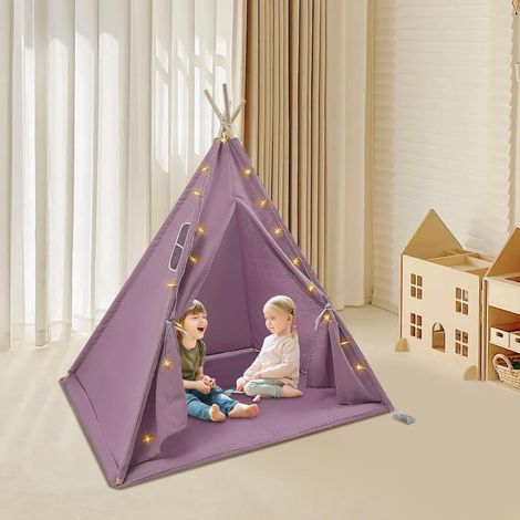 Tente tipi pliable pour enfant avec guirlande lumineuse et tapis violet Tipi en coton et lin indéchirable, barres en bois de 160 cm d'épaisseur, pieds antidérapants, sûr pour 3 enfants (1/5)