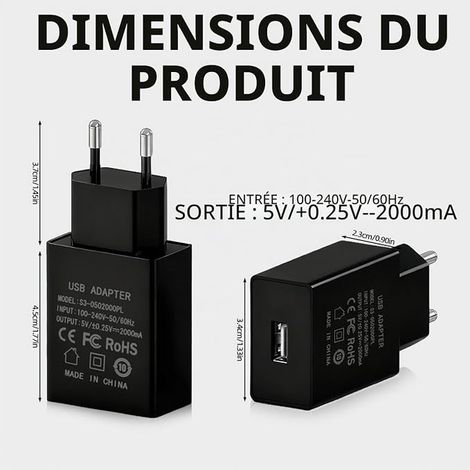 USB Mains Adapter, USB Charger 5V 2A Adapter, Compatible Charging Socket, with Headphones, Ebook Reader, Table Lamp, Games Consoles, Router, LED Lights (Black) (1/5)