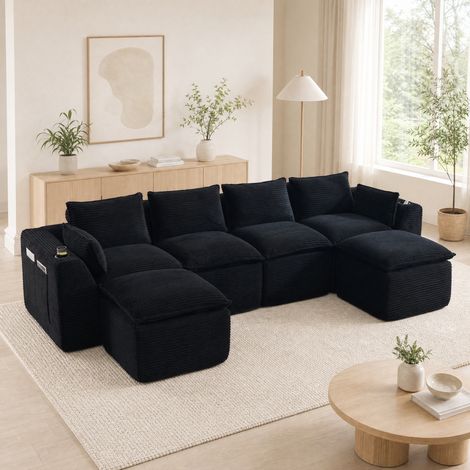 Divano modulare 4 posti con 2 pouf, portabicchieri, tasche, nero HAVRYA (1/5)