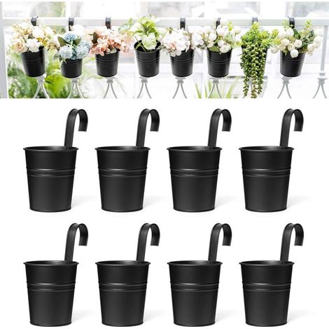 RHG 8 Pcs Pots de Fleurs Suspendus en Fer, Jardinières pour Garde-Corps et Clôture, Noir, 4 Pouces
