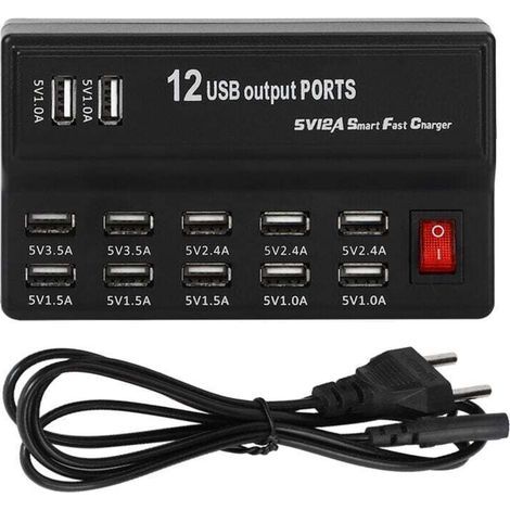 Parasurtenseur 12 Ports Multiples avec Chargeur Rapide Station USB 100-240V Concentrateur de Charge USB International avec Cordon et cosse Plate pour appareils Multiples(UE) (1/5)