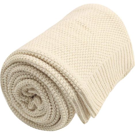 Couverture Plaid Lit pour Canapé en Tricot 100% Coton Légère Solide Douce Beige 180x200cm (1/5)