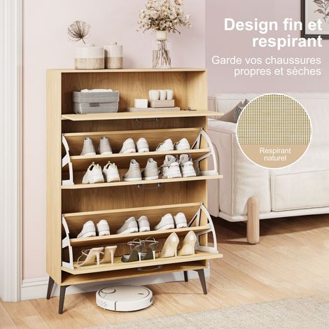 Mobile per scarpe in canniccio legno chiaro, mobile d'ingresso con cassetto e 2 ante, armadio per scarpe salvaspazio con piedi in metallo, contenitore per scarpe per ingresso, corridoio, soggiorno