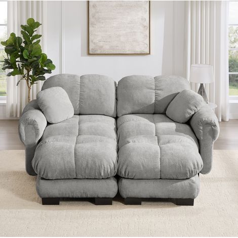 Modulares 2-Sitzer-Sofa hellgrau aus Chenille mit beweglicher Ottomane und Steppnähten (1/5)