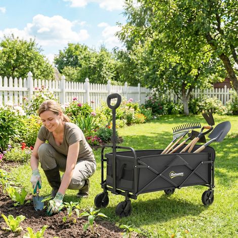 72-Liter-Gartenwagen zum Zusammenklappen mit verstellbarem Griff, Stahl und Oxford-Gewebe, 114 x 46 x 92 cm, Schwarz