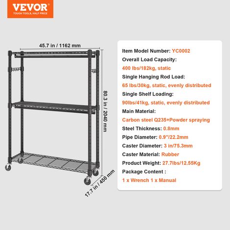 VEVOR 3-lagiger Rollbarer Kleiderständer Garderobenständer Kleiderstangen, 204 cm Höhe Stahl Kleiderständer 182 kg Belastbar, Strapazierfähig Ständer für Schlafzimmer, Wäscheraum, Ankleidezimmer usw