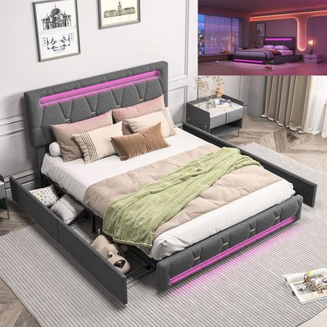 Bett 160x200 cm grau mit Schubladen und integrierter LED - Lattenrost, verstellbares Kopfteil, skandinavischer Stil