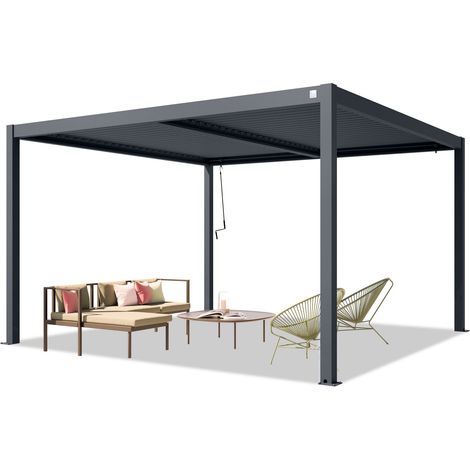 PRIMEYARD Pergola 4x4 m Aluminium-Pfosten mit Lamellendach aus Stahl anthrazitfarbene Terrassenüberdachung