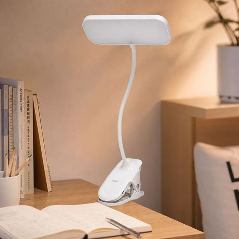 Lámpara de escritorio LED con clip, luz natural sin parpadeos, 3 temperaturas de color, regulador táctil, flexible 360°, recargable por USB. (1/4)