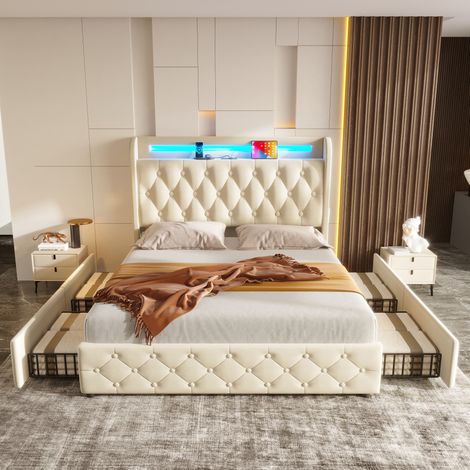 Lit double en velours blanc et métal 140x190 cm avec LED, USB/Type-C et 4 tiroirs de rangement
