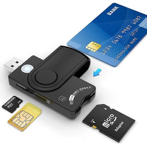 Lecteur de carte à puce 4 en 1 : lecteur de carte CAC, lecteur de carte SIM, lecteur de cartes SDHC/SDXC/Micro SD et lecteur de cartes SD USB. (1/5)