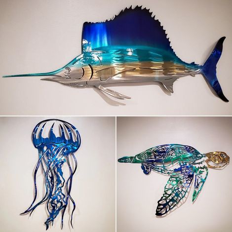 Escultura de pared de hierro galvanizado: pez vela, tortuga marina y medusa (30 cm/40 cm) – decoración de pared para el hogar – regalo creativo – fabricación duradera – fácil montaje (1/5)