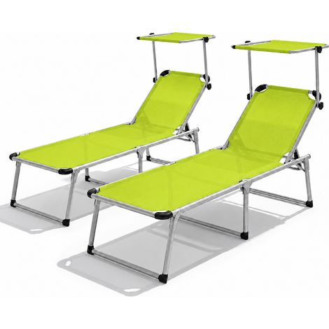 Coppia Lettini Pieghevoli Da Sole Con Tettuccio Parasole Schienale Reclinabile Regolabile 6 Posizioni Telaio In Alluminio Sedia Sdraio Per Spiaggia Mare Piscina Giardino 187 x 59 x 29 Cm Verde Fluo