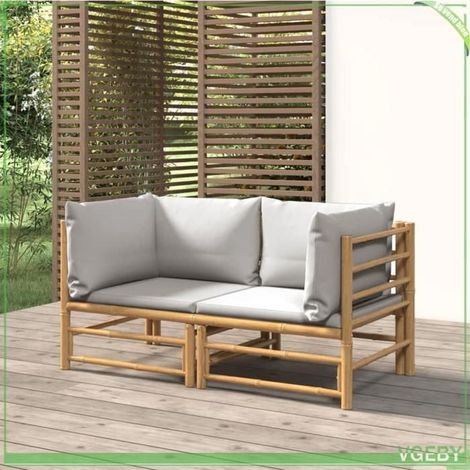 Canapé d'angle de jardin - FAFEICY - Modulaire - Bambou - Coussins gris clair - 69x69x65 cm (1/5)