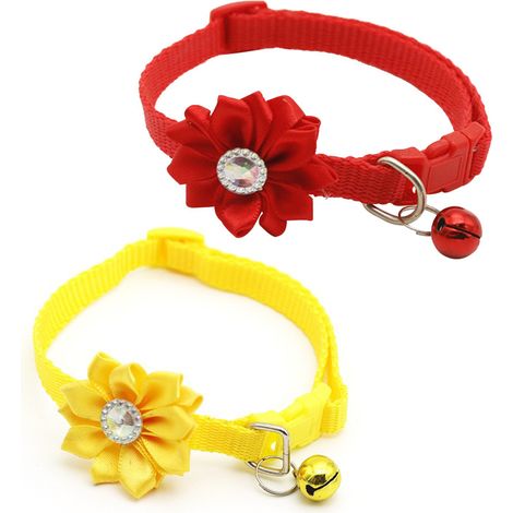 Collier Pour Chat - Réglable Avec Boucle Séparée - Tissu Polyester Haute Densité - Décoration Fleurie Et Clochettes - 1 Pièce (1/5)