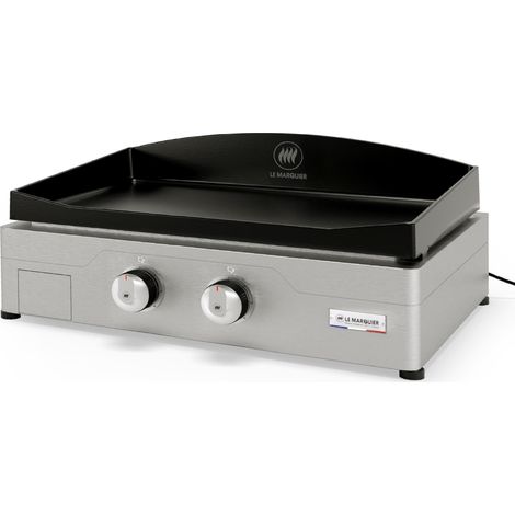 Le Marquier – Plancha électrique inox 260 – Plaque fonte émaillée 60x40cm – 2 zones de cuisson avec thermostats réglables 50-300°C – Norme IPX4