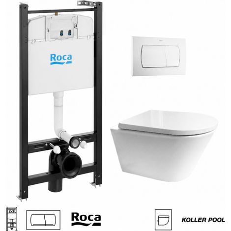 Pack WC Bastidor empotrado ROCA Active cisterna y pulsador blanco brillo con inodoro suspendido Tornado Orion tapa envolvente blanco de Koller Pool (1/5)