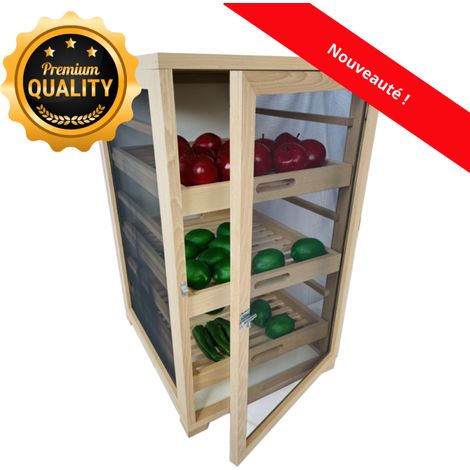 Garde-manger légumier en hêtre 81 cm – 3 tiroirs avec poignée métal – Toile moustiquaire en acier galvanisé – Pour fruits et légumes – Outils Et Nature