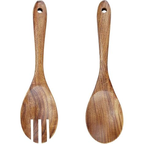 2 pièces serveurs à Salade en Bois, Couverts en Bois d'acacia pour Salade Serveurs à Salade en Bois Fourchette Cuillères en Bois, Ustensiles de Cuisine Mélange pour Salade, Pâtes, Fruits (1/5)
