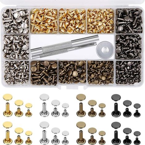 484-Piece Leather Rivets Double Cap Rivet Tube Metal Rivets 3 Sizes With Punching Pliers And 3-Part Setting Tool For The Repair Of Leather Craft Repai (1/4)