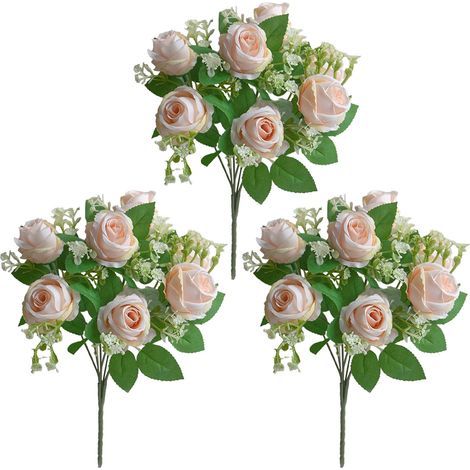 (Couleur champagne, 7 têtes, 33 cm) Bouquet de 3 roses artificielles à 7 têtes pour décoration de mariage, fleurs artificielles pour la photographie, accessoires et fausses fleurs (3 tiges par sachet) (1/2)