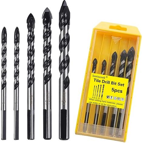 Set di punte da trapano in carburo di tungsteno, 5 punte multimateriale per porcellana, piastrelle in ceramica, cemento, muri in mattoni, vetro, specchi, plastica, cemento e legno (6/6/8/10/12 mm) (1/5)