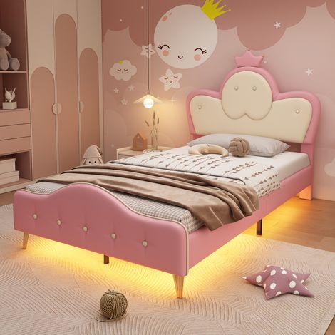 Lit enfant 90x200cm lit princesse avec LED– tête de lit couronne –Structure stable avec 12 lattes et pieds en métal – rose et blanc (1/5)