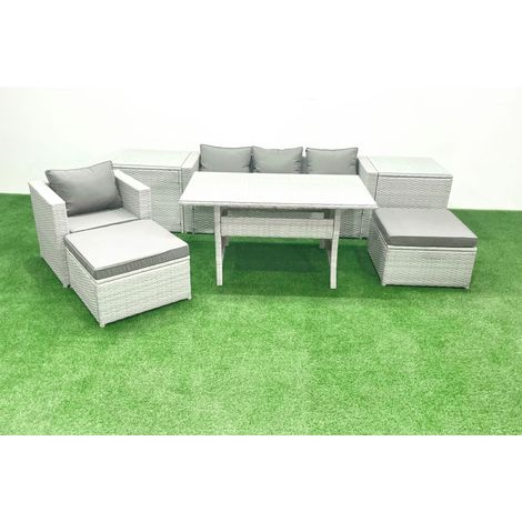 Fimous Polyrattan Gartenmöbel-Set Outdoor 6 Sitzer mit Glasplatte Esstisch 2 Beistelltischen Hellgrau gemischt (1/5)