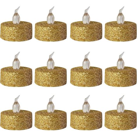 Lot de 12 bougies chauffe-plat LED dorées, clignotantes, pile CR2032 incluse, diamètre 3,4cm, pour mariage Noël fête (1/5)