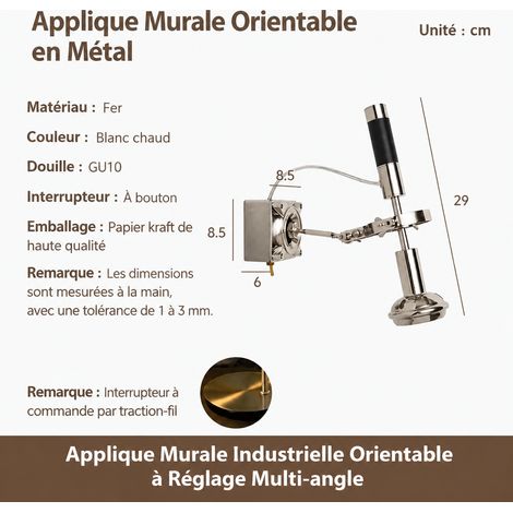 Applique murale orientable Bauhaus industrielle noir petit modèle, éclairage salon chambre chevet, 35 × 25 × 20 cm, 2 kg – Livraison gratuite