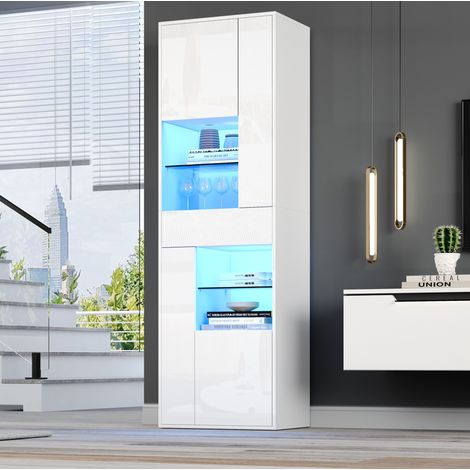 Vetrina alta 55x38x170 cm in pannelli di legno bianco con contenitore per soggiorno - FLORAGRACE (1/5)
