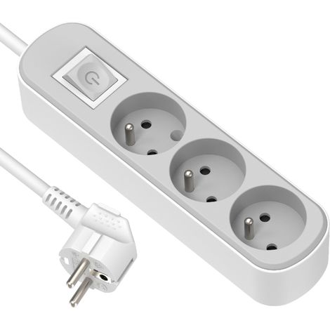 Bloc Multiprise 3 Prises 16A avec Interrupteur, Longueur 1.5 Mètres, Blanc/Gris (1/5)