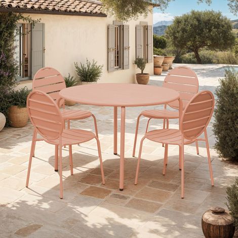 Ensemble table 110 cm + 4 chaises rondes en métal terracotta - BACA