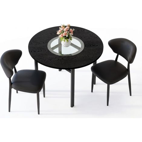 Ensemble table ronde avec deux fauteuils, table ronde effet bois noir de 100 cm, plateau en verre et rangement inférieur (1/5)