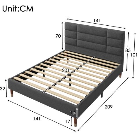 Lit double rembourré 140x200cm en lin gris foncé,cadre à lattes complet,adapté aux adultes et adolescents avec matelas. (1/5)