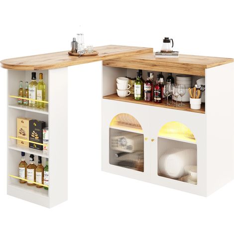 Mesa de Bar Extensible con Almacenaje de 3 Niveles y LED, Giratoria, para Comedor, 138-193x39x105 cm, Blanca (1/5)