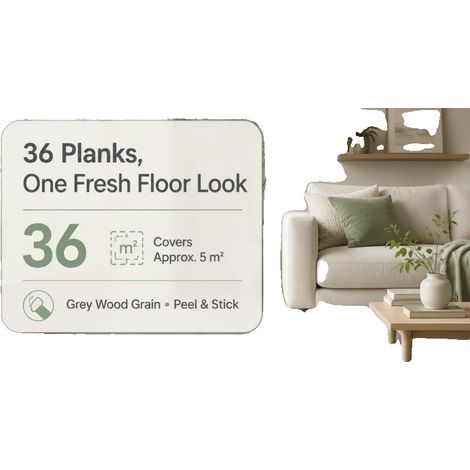 Lamas de vinilo autoadhesivas, material PVC, 91,44 x 15,2 x 0,18 cm, 36 paneles, superficie total de 5 m², fáciles de despegar y pegar. (1/5)