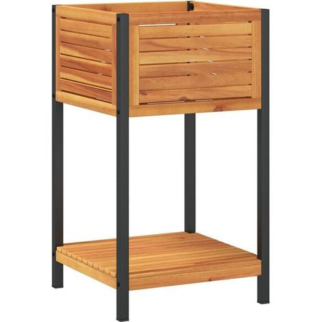 Le support pour pot de fleurs mesure 45x45x80 cm et est fabriqué en bois d'acacia massif et en acier. (1/5)