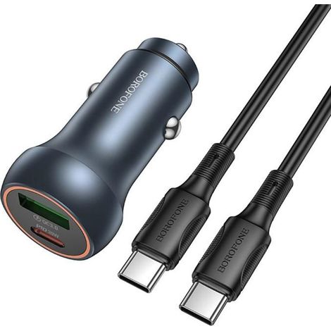 Chargeur de voiture USB Type-C et QC3.0 à deux ports BOROFONE BZ32B Fresh 48 W avec câble Type-C de 1 m (gris métal) (1/5)