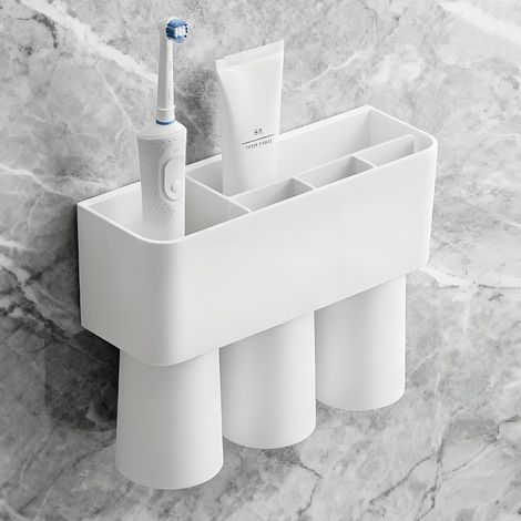 Porte Brosse a Dents Mural, Support Brosse à Dents Electrique Blanc avec gobelet, Wall Mounted Toothbrush Holder Range pour Salle de Bain (1, White, 26  19cm)