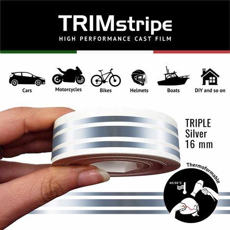 Trim Stripe Strisce Adesive per Auto, 3 Fili, Argento - Dimensione: 16 MM X 10 MT
