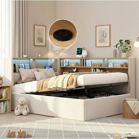 Letto contenitore 90x200 cm in velluto con LED, USB Type-C e schienale, beige HAVRYA (1/5)