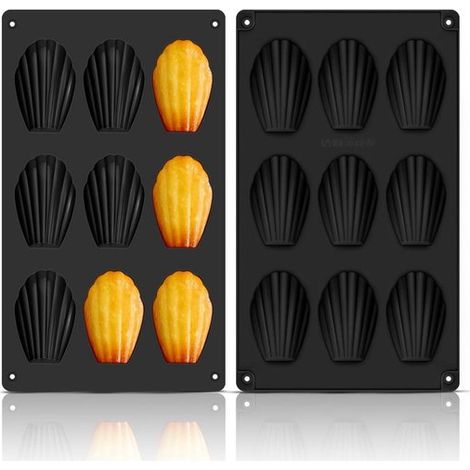 Stampo per madeleine (2 pezzi), 9 cavità, stampo in silicone antiaderente per madeleine per mousse, muffin al cioccolato e budini, 29 x 17 cm, nero (1/5)