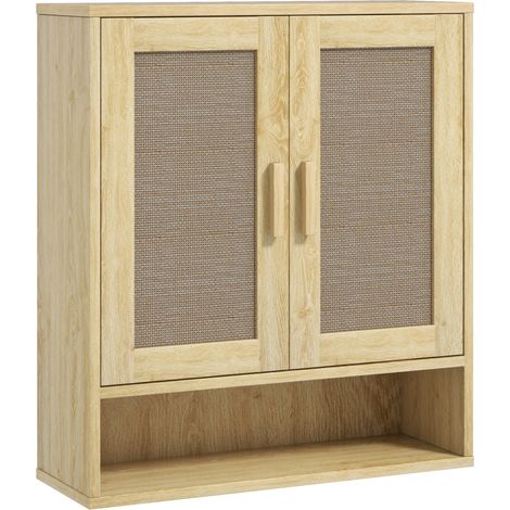 Meuble mural de salle de bain avec double porte et étagère ouverte, meuble WC suspendu effet bois de chêne, 59 x 20 x 66,5 cm (1/5)