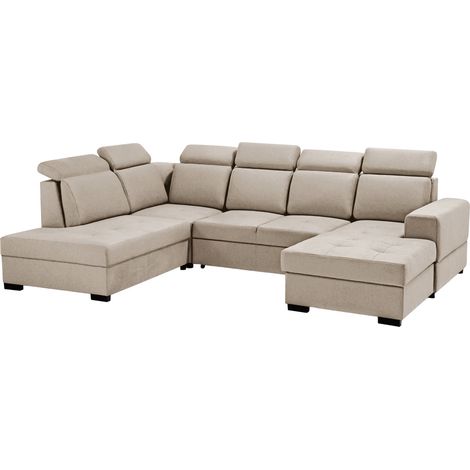 SACHA U - Canapé panoramique convertible avec coffre en tissu beige - Angle droit