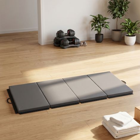 Tapis de gymnastique yoga pilates fitness pliable en 4 avec poignées revêtement synthétique 180 x 80 x 5 cm gris (1/5)