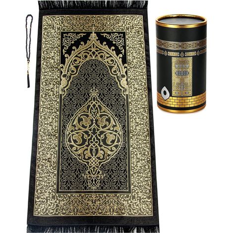 Tapis de prière Musulman et Perles de prière avec élégant Boîte-Cadeau de Cylindre de Conception  Janamaz  Sajadah  Soft Islamic Prayer Tapis  Tissu en Taffeta, Noir (1/5)