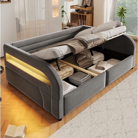 Lit banquette adulte 140x200 cm avec rangement hydraulique et LED, structure rembourree pour chambre, tissu flanelle gris (1/5)