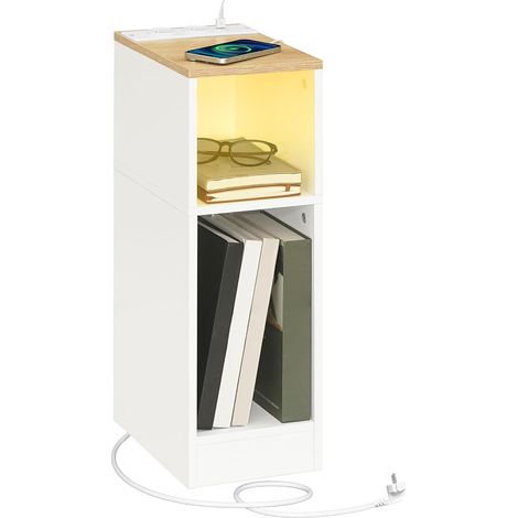 Table d’Appoint avec Station de Charge, Table de Chevet avec Lampe LED à Détection, Bout de Canapé avec Prise, pour Petits Espaces, Salon, Chambre, Marron et Blanc AETNW25UE01 (1/5)