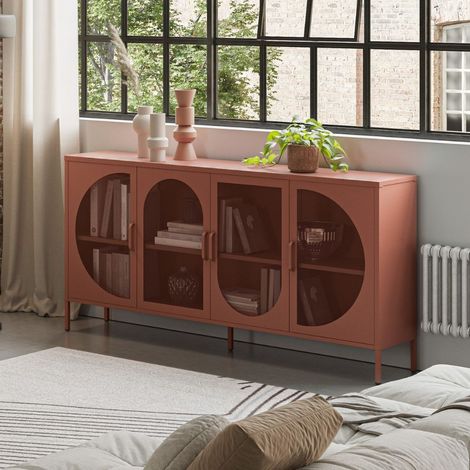 Buffet en métal avec 4 portes à croisillons couleur terre cuite 160x40x90H Tayra